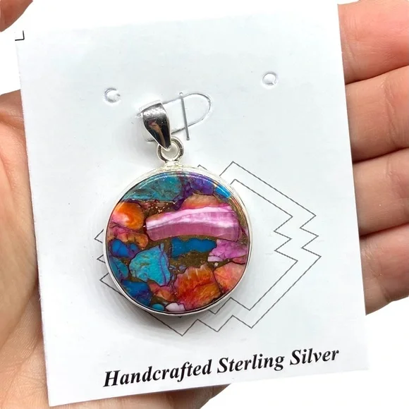 Kingman Pink Dahlia Turquoise Necklace Pendant Solid Sterling Silver 925 Western - Picture 4 of 7